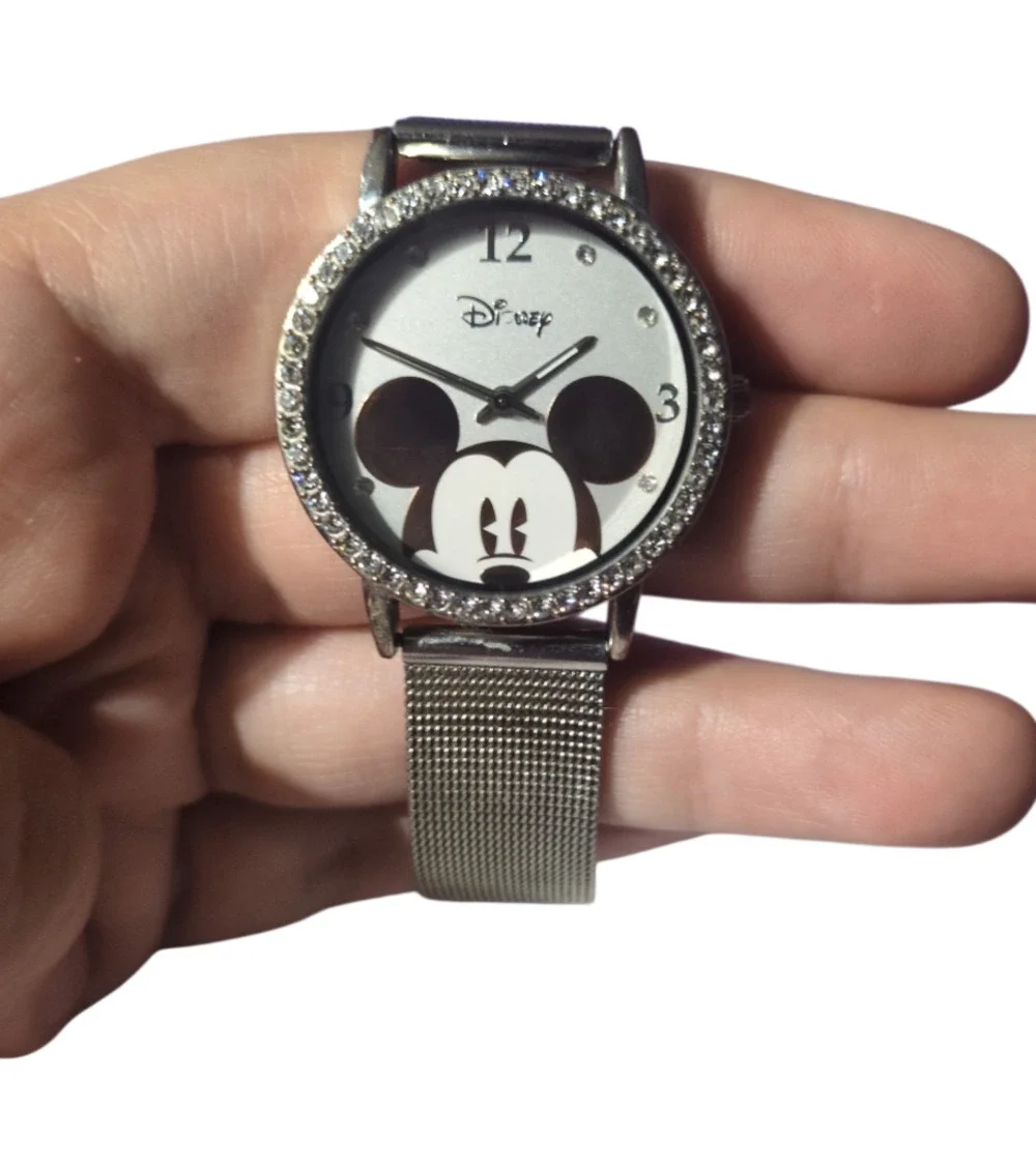 Disney Mickey Mouse Women's Analog Rhinestone Bezel Silver Mesh Strap Watch